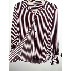 H&M Satin Maroon and White Striped Collared Long Sleeve Button Down Blouse